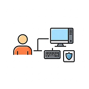 Digital illustration showing a person icon connected to a computer, keyboard, and security shield